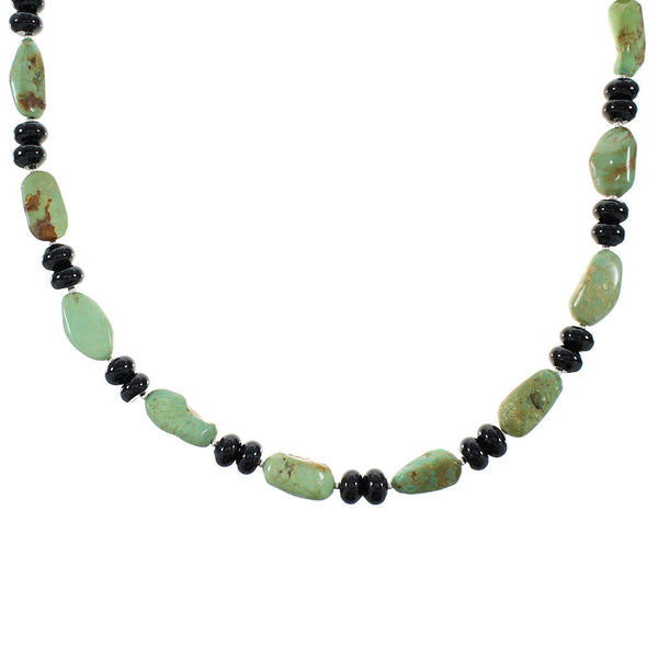 Genuine Sterling Silver Turquoise And Onyx Navajo Bead Necklace AX99938